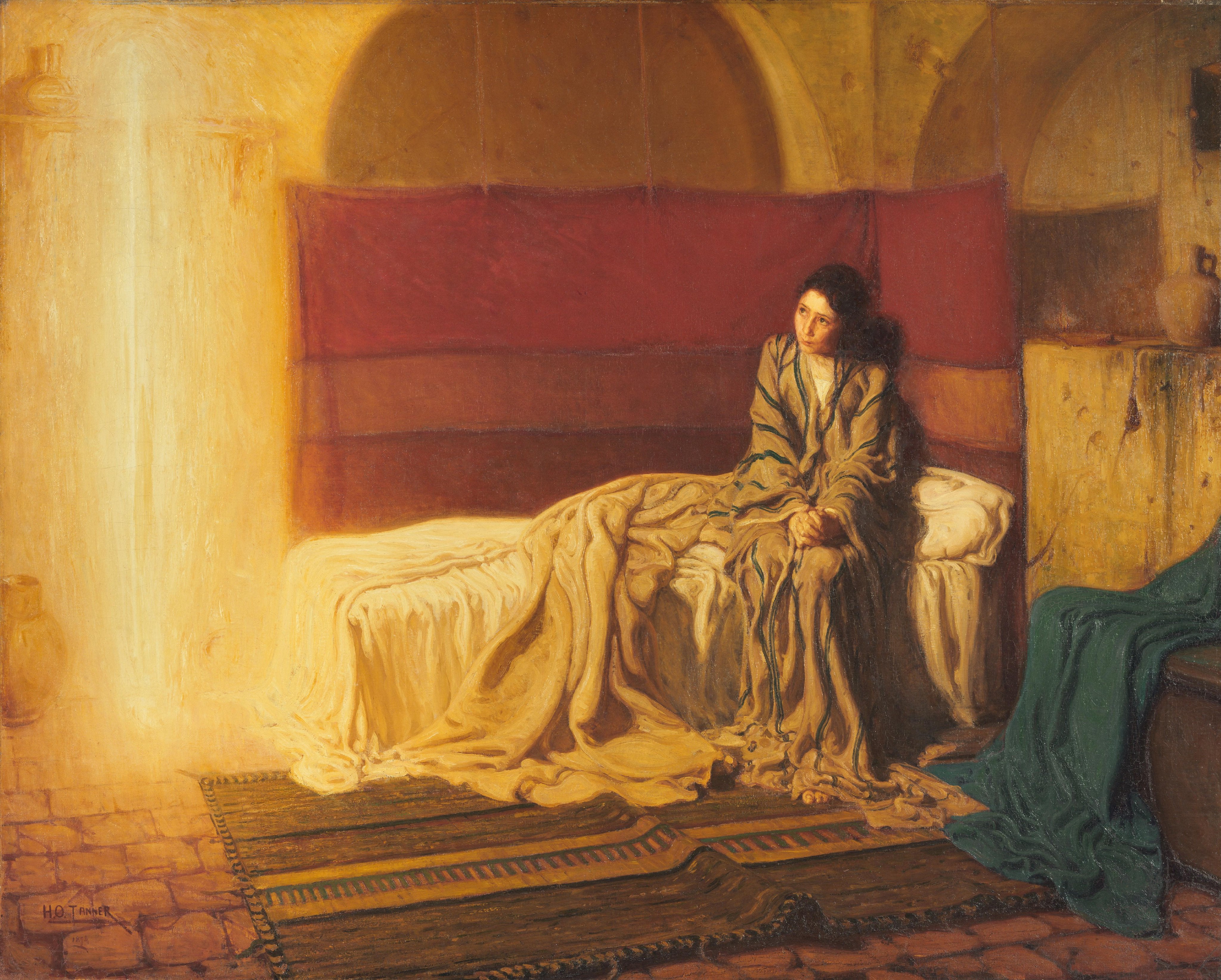 Mary seated beside a column of golden light in Henry Ossawa Tanner’s The Annunciation.